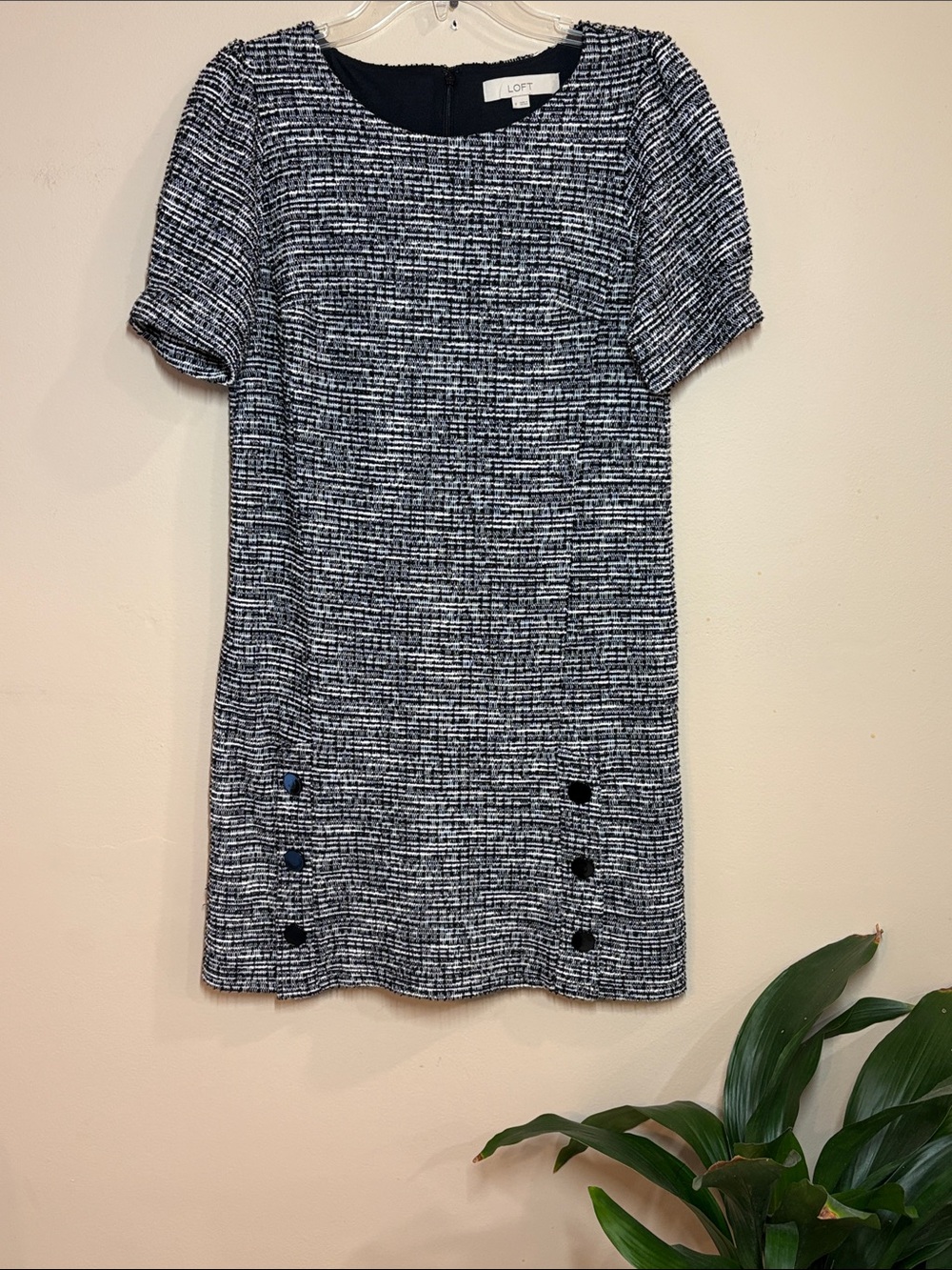 LOFT Black & White Boucle Knit Dress with Puff Sleeves and Lining, Size 0